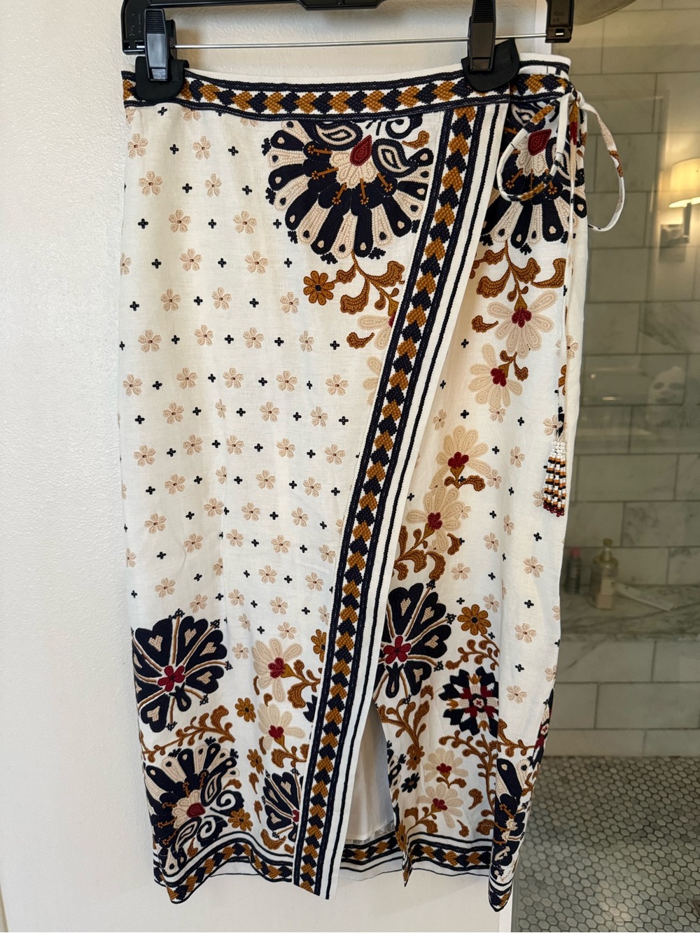 FARM Rio White Wrap Skirt with Navy, Brown & Red Floral Embroidery